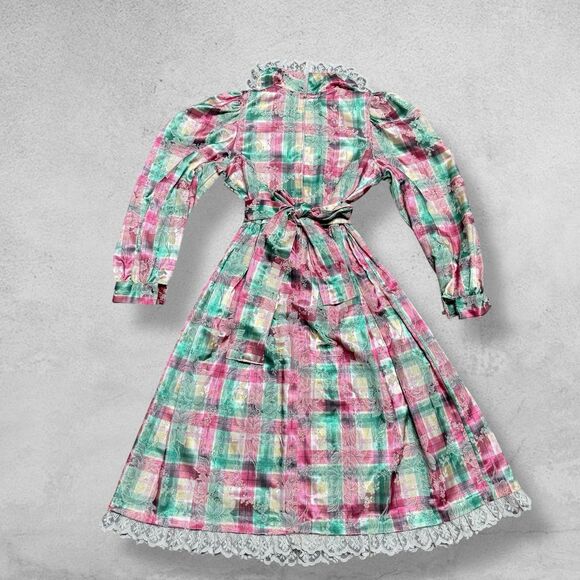Vintage Storybook Heirlooms Girls Dress 8 Plaid Lace Metallic Brocade Victorian - Picture 10 of 14